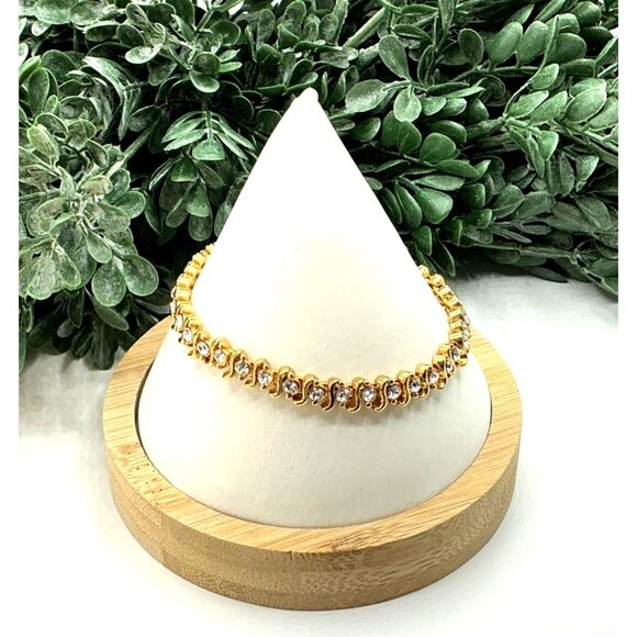 Gold-Tone Tennis Bracelet With Rhinestones and Double-Layered Chain Design - Picture 6 of 7